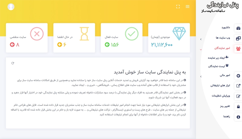 نمایی از پنل نمایندگی سامانه سایت ساز 1 2 3